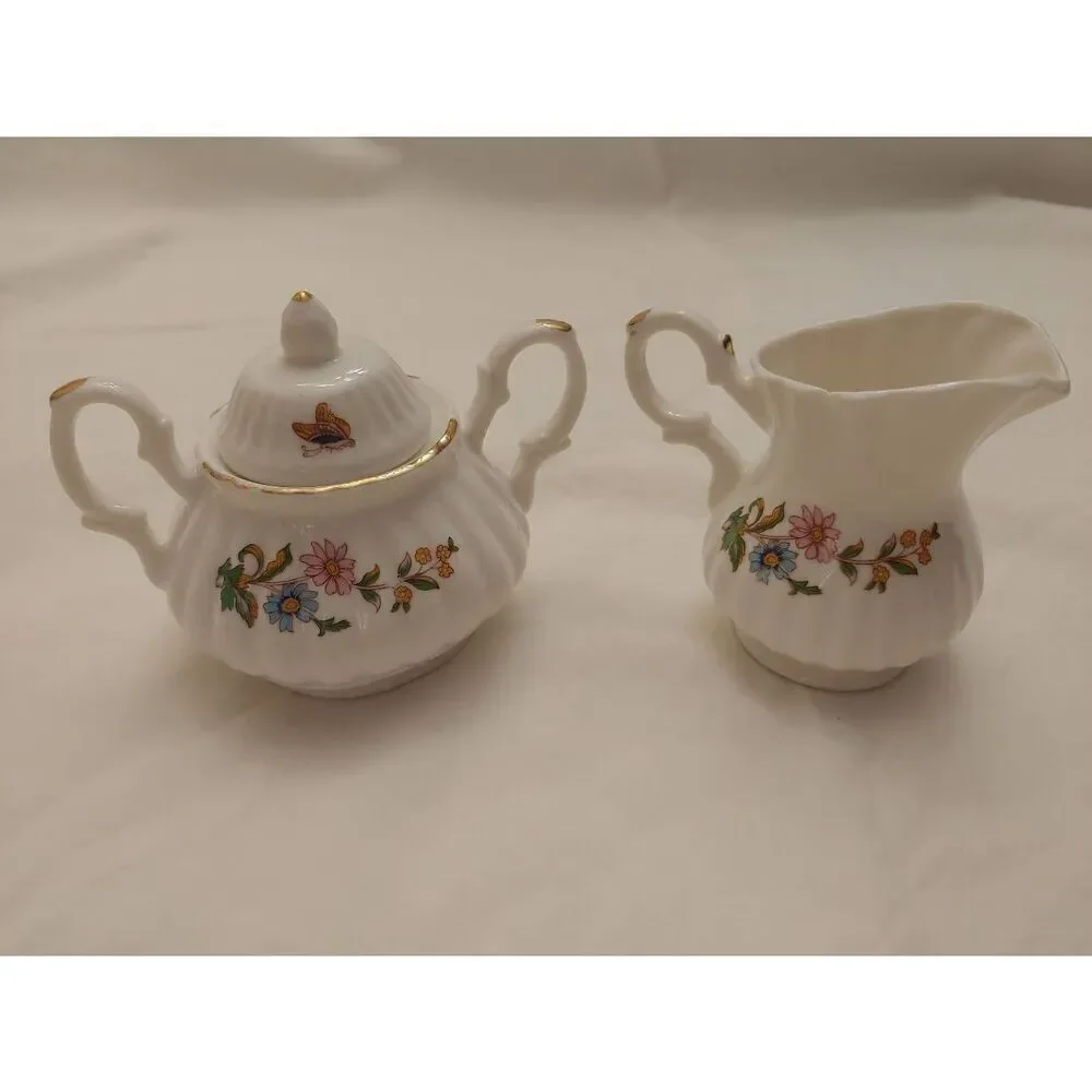 Vintage Porcelain Sugar Bowl And Creamer Gold Trim Set
